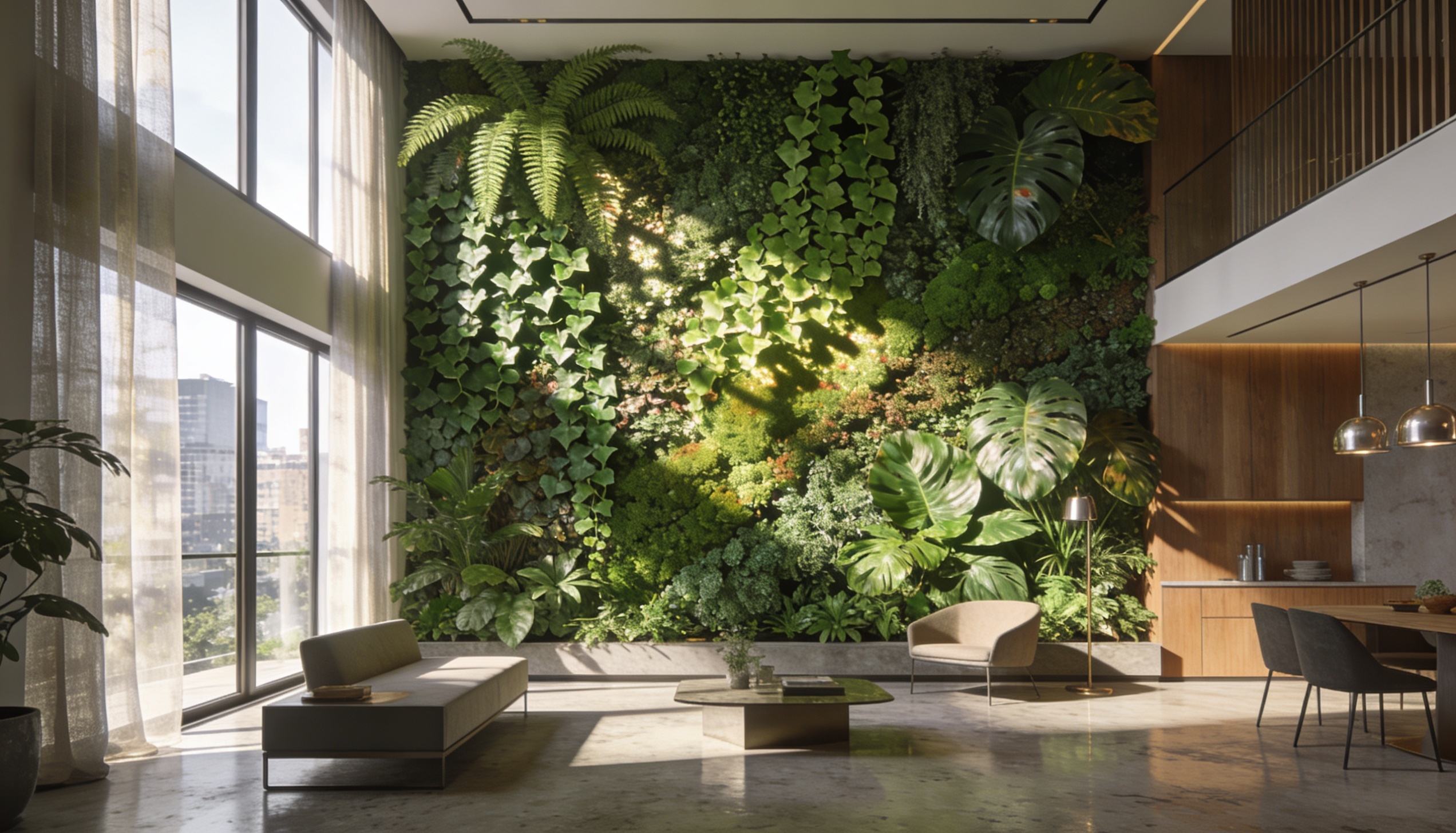 Proyecto corporativo con muro vegetal en recepción